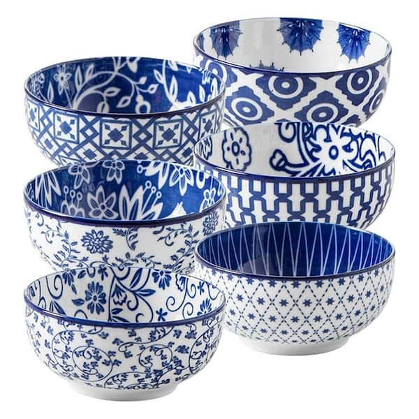 Vintage Blue Porcelain 4 oz. Round Ceramic Dessert Bowl Set with Scratch Resistant Glaze for Snacks, 6-Piece