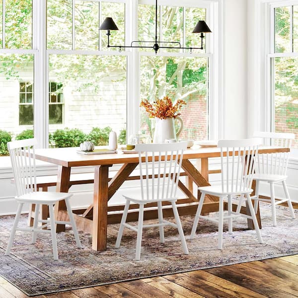 Orangeone Windsor White Solid Wood Dining Chairs with Curving Spindle Back for Kitchen and Dining Room Set of 4