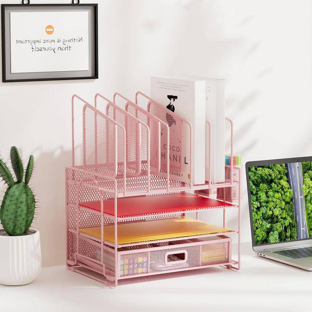 Modest File Organizer Pink 12.8 in. x 16 in. Metal Modern Desktop File Organizer with 5 ...