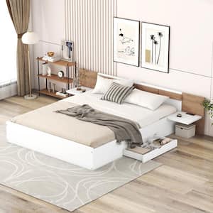 White Wood Frame Queen Size Platform Bed with Headboard, 2-Drawers, 2-Shelves, USB Ports and Sockets