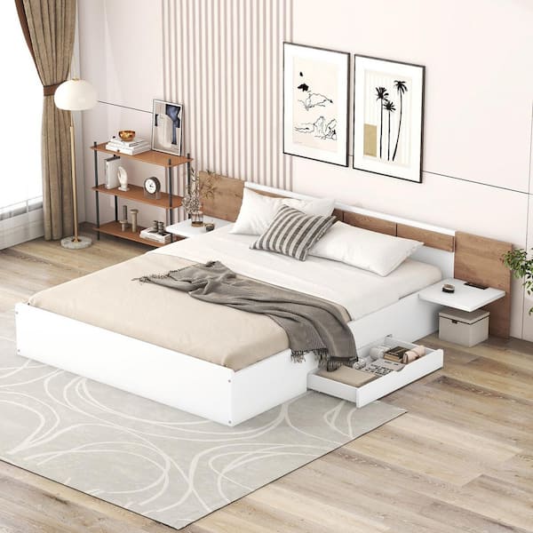Harper & Bright Designs White Wood Frame Queen Size Platform Bed with Headboard, 2-Drawers, 2-Shelves, USB Ports and Sockets