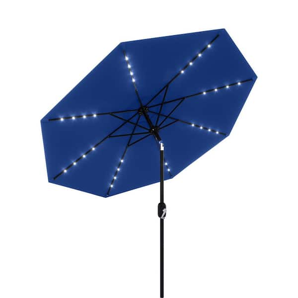 9 ft. Metal Pole Round Market Solar LED Lighted Tilt Patio Umbrella with UV-Resistant Fabric in Navy Blue