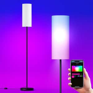 61 in. Black Smart Dimmable Torchiere Floor Lamp with White Linen shade