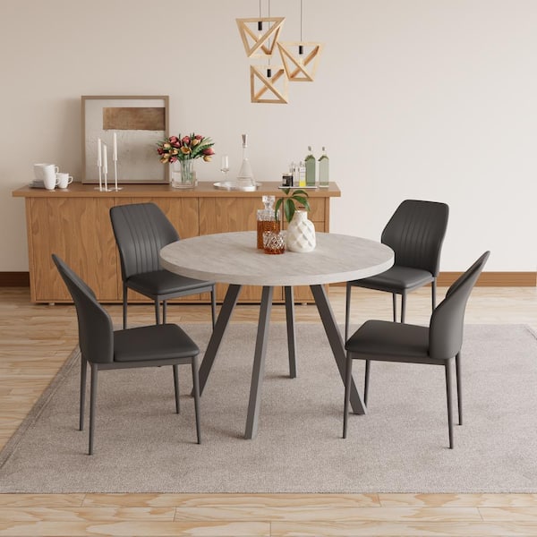 GOJANE 5-Piece Gray Round Dining Table Set MDF Dining Table with 4 Black Dining Chairs