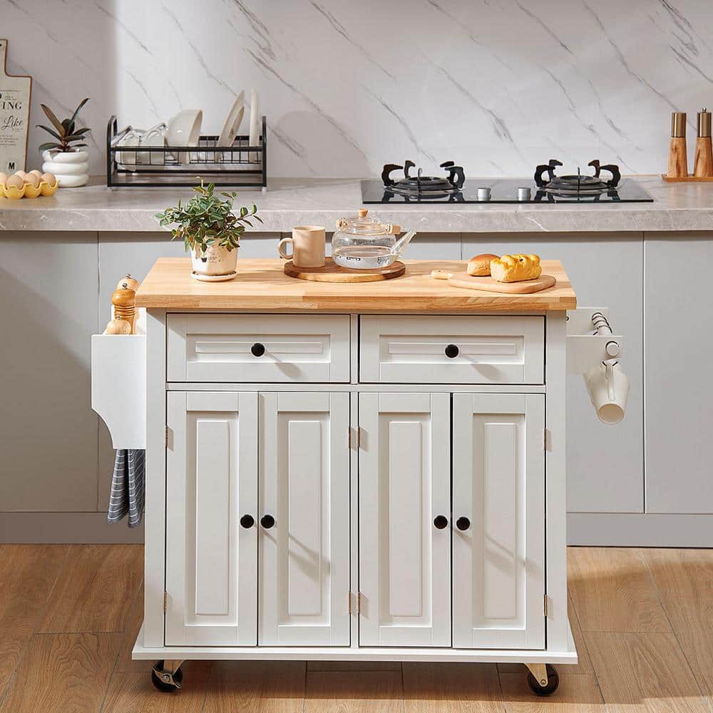 White Rubberwood Drop Leaf Kitchen Cart with Spice Rack