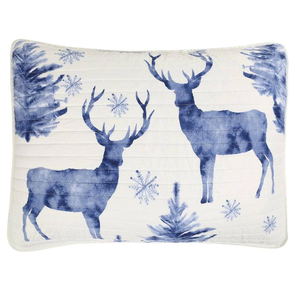 King Blue and White Reversible Winter Reindeer Quilt Set
