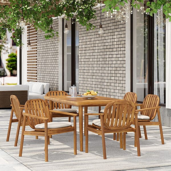 Teak Color 7-Piece Acacia Wood Outdoor Dining Set with 6 Beige Cushions Seat Dining Chairs