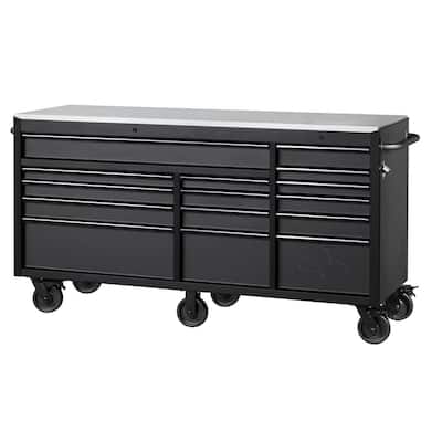 Heavy-Duty 72 in. W 15-Drawer, Deep Tool Chest Mobile Workbench in Matte Black with Stainless Steel Top and Dual Locks