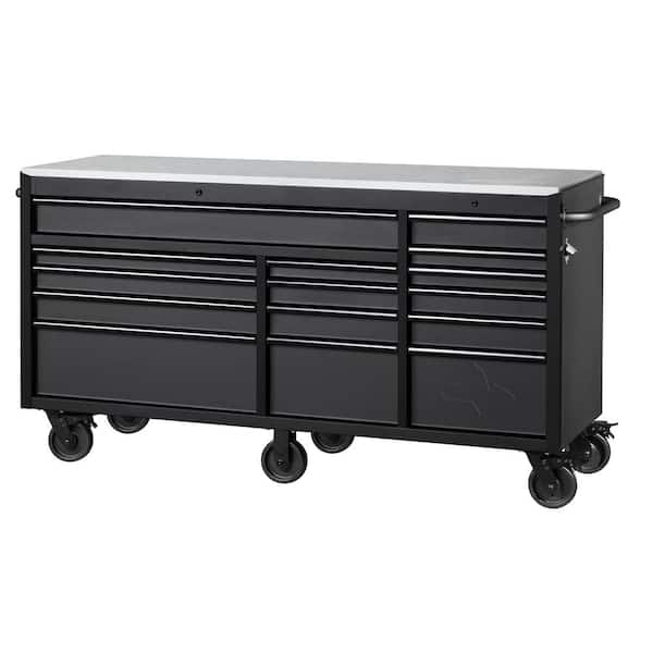 Heavy-Duty 72 in. W15-Drawer Matte Black Mobile Workbench Cabinet with Stainless Steel Top