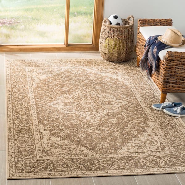 Linden Beige/Cream 4 ft. x 4 ft. Border Antique Medallion Indoor/Outdoor Square Area Rug