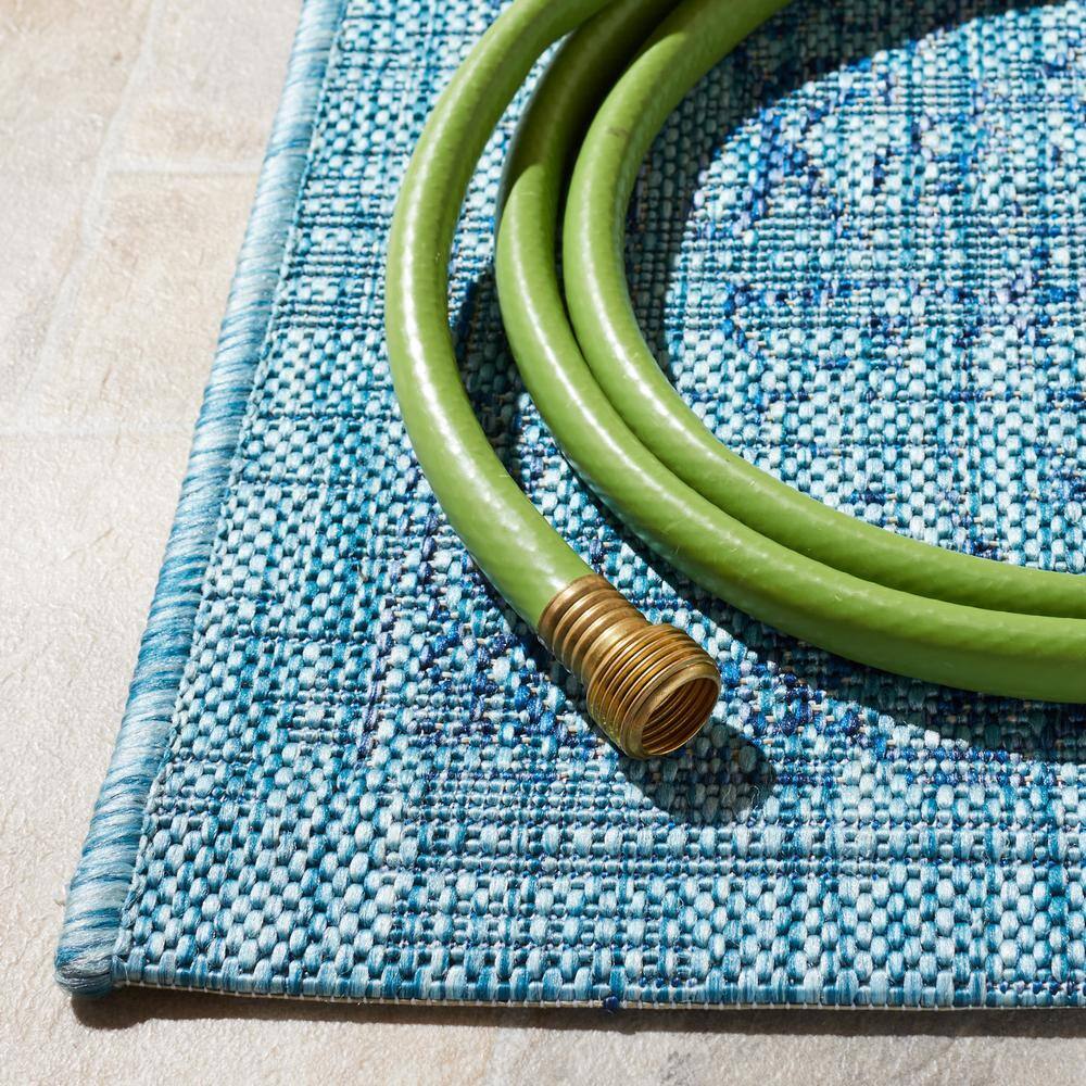 Aqua and Navy Botanical Non-slip Indoor/Outdoor Area Rug