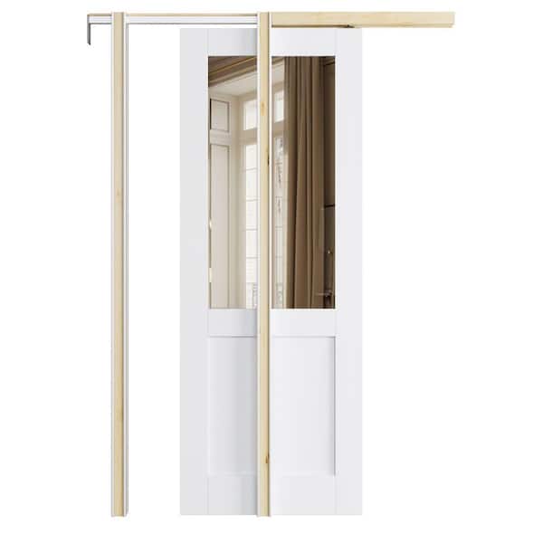 ARK DESIGN 32 in. x 80 in. Half Lite Mirrored Glass White Primed MDF Wood Pocket Sliding Door with Hardware Kit