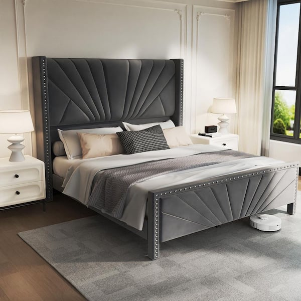 Gray MDF Frame King Size Platform Bed