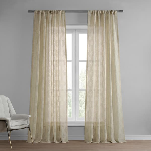 Exclusive Fabrics & Furnishings Calais Tile Beige Patterned Faux Linen Sheer Curtain - 50 in. W x 84 in. L Rod Pocket with Hook belt Single Window Panel