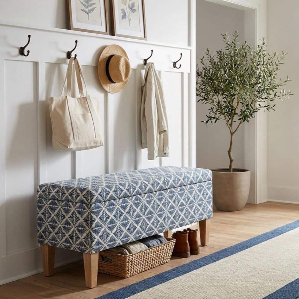 Drake Blue Geometric Pattern 36 in. Width Bedroom Bench with Storage