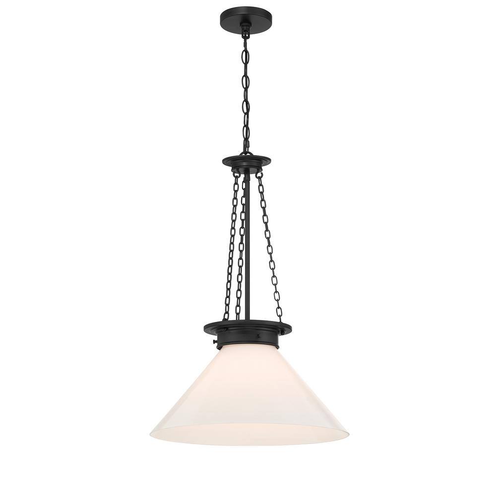 Matte Black and White Glass 1-Light Pendant with Adjustable Chain