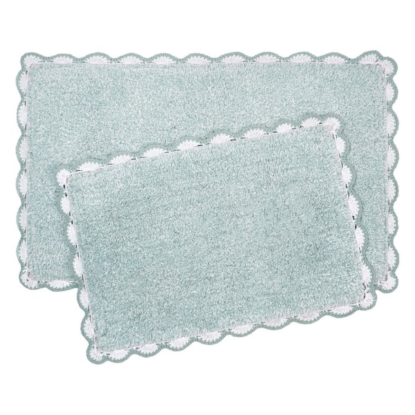 Heathered Crochet Border Aqua Blue 17 in. x 24 in. / 20 in. x 32 in. Solid Color Cotton 2-Piece Bath Rug Set