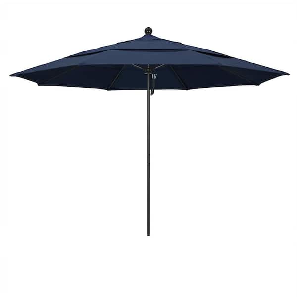 California Umbrella 11 ft. Black Aluminum Commercial Market Patio Umbrella with Fiberglass Ribs and Pulley Lift in Spectrum Indigo Sunbrella