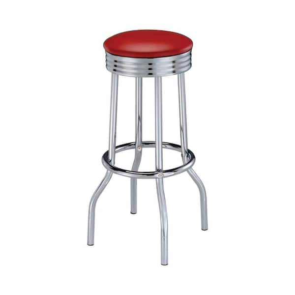 Benjara 25 in. Red and Chrome Backless Metal Frame Bar Stool with Faux Leather Seat