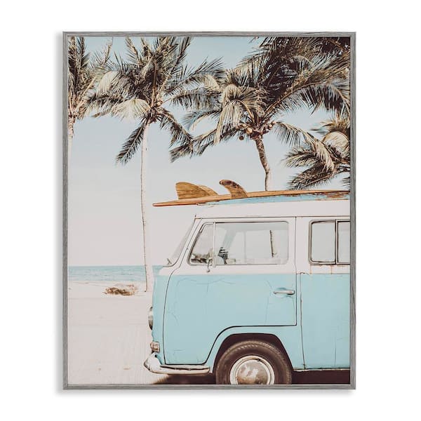 Stupell Industries Retro Surfboard and Van by LSR Design Studio Gray Framed Sports Giclee Art Print 30 in. x 24 in.