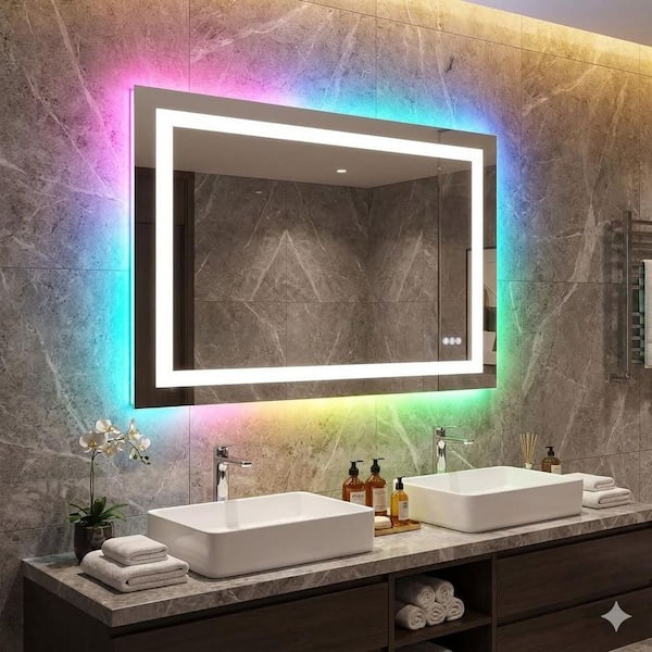 40 in. W x 32 in. H Rectangular Frameless RGB Backlit LED Lighted Anti-Fog Dimmable Wall Bathroom Vanity Mirror