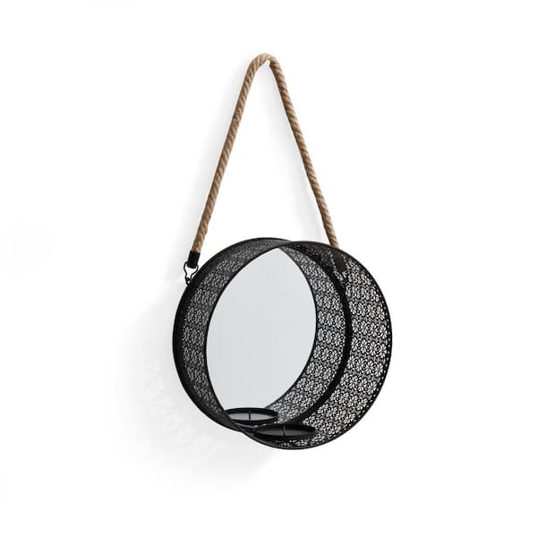 Danya B Framed 20 Decorative Round Black Metal Circle Wall Mirror with Hanging Rope