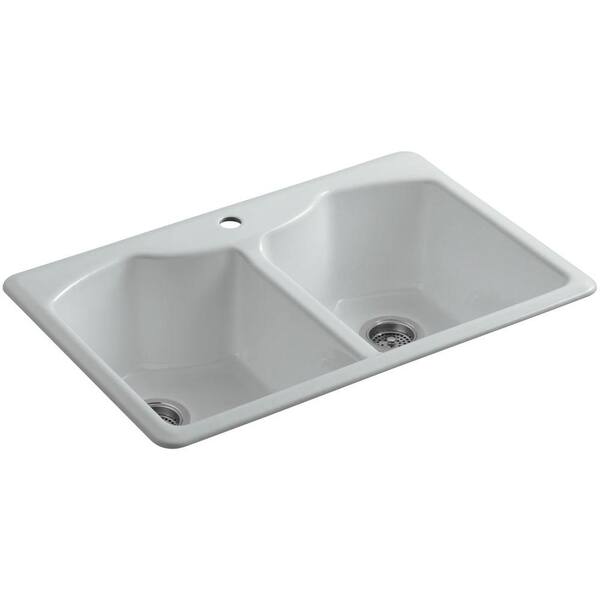 KOHLER Bellegrove Drop-In Cast-Iron 33 in. 1-Hole Double Bowl Kitchen Sink with Accessories in Ice Grey