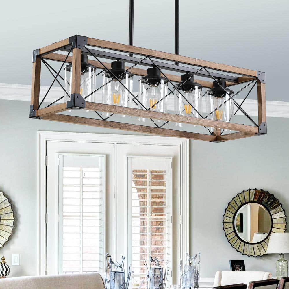 5-Light Walnut Rectangular Farmhouse Chandelier Fixture for Kitchen Island 