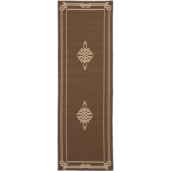 SAFAVIEH Courtyard Chocolate/Cream 3 ft. x 8 ft. Border Indoor/Outdoor Patio  Runner Rug