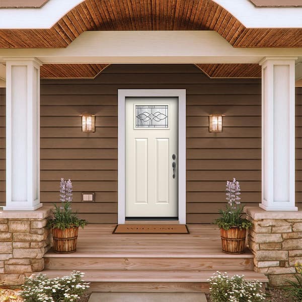 36 in. x 80 in. Left-Hand Craftsman Carillon Decorative Glass Primed Steel Prehung Front Door