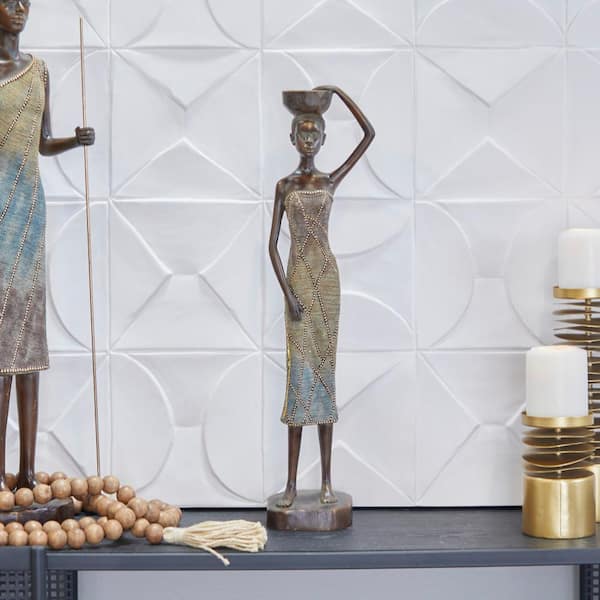 Litton Lane 22 in. Brown Polystone Standing African Woman Sculpture with Intricate Details
