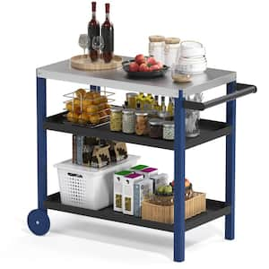 Navy Blue Outdoor Prep Cart Movable Dining Cart Table BBQ Grill Cart