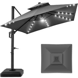 10 ft. Solar LED 2-Tier Square Cantilever Patio Umbrella with Base Included in Gray