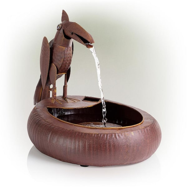 Alpine Corporation 16 in. Tall Indoor/Outdoor Rustic Metal Toucan Water Fountain Yard Statue Decoration, Brown