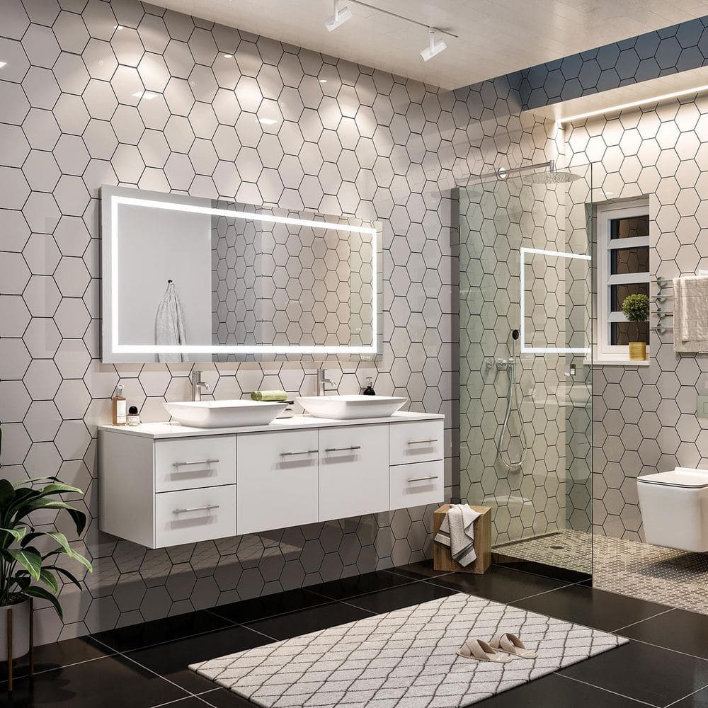 Wave 60" White Modern Double Sink Wall-Mount Bathroom Vanity