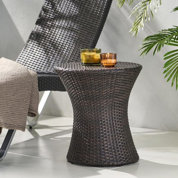 Hourglass Brown Multi Round Wicker Outdoor Side Table, Suitable for Garden Patio Backyard, No Assembly Required