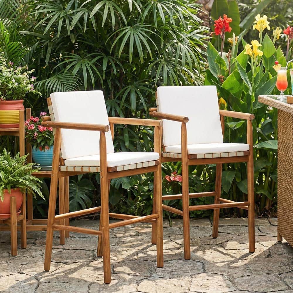 2 Set Wood Outdoor Bar Stool with Beige Cushions,Backrest Arm and Webbing Seat price history on PriceWatchPro