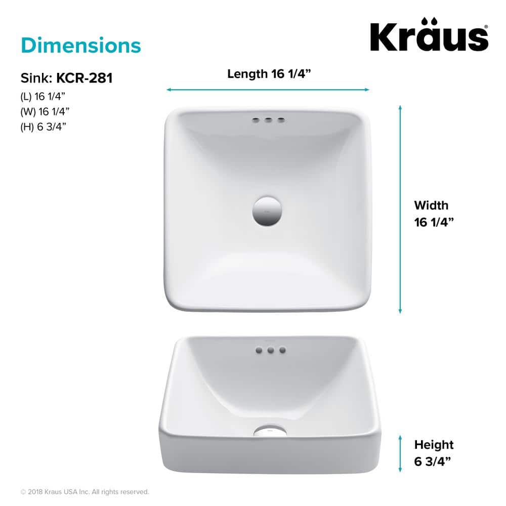 Elavo White Ceramic Square Semi-Recessed Vessel Sink, 16.25 inch