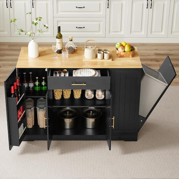 Black Wood 53 in. Kitchen Island with Trash Can Storage Cabinet 