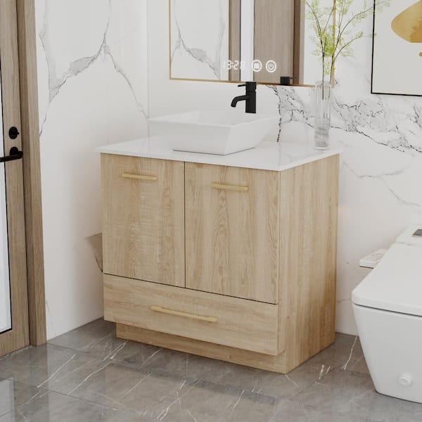 29.9 in. W x 18.8 in. D x 33.6 in. H One Sink Bath Vanity in Beige Wood Grain with White Ceramics Top, Shelf and Drawer