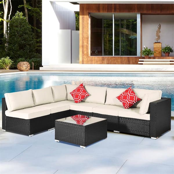 Afoxsos Gray 7-Piece PE Rattan Wicker Outdoor Patio Sectional Set, Sofa Sets with 2 Pillows, Beige Cushions and Coffee Table