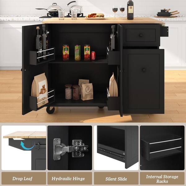 FAMYYT Rolling Black Drop-Leaf Rubberwood Tabletop 54 in