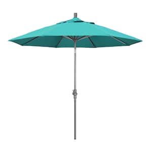 9 ft. Hammertone Grey Aluminum Market Patio Umbrella with Collar Tilt Crank Lift in Aruba Sunbrella