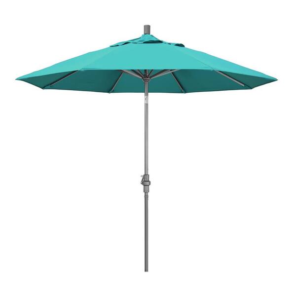 California Umbrella 9 ft. Hammertone Grey Aluminum Market Patio Umbrella with Collar Tilt Crank Lift in Aruba Sunbrella