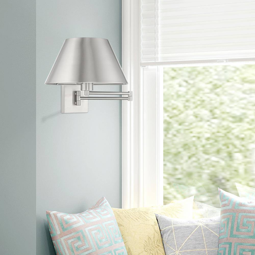 Elegant Brushed Nickel Swing Arm Wall Lamp with Hand-Crafted Shade