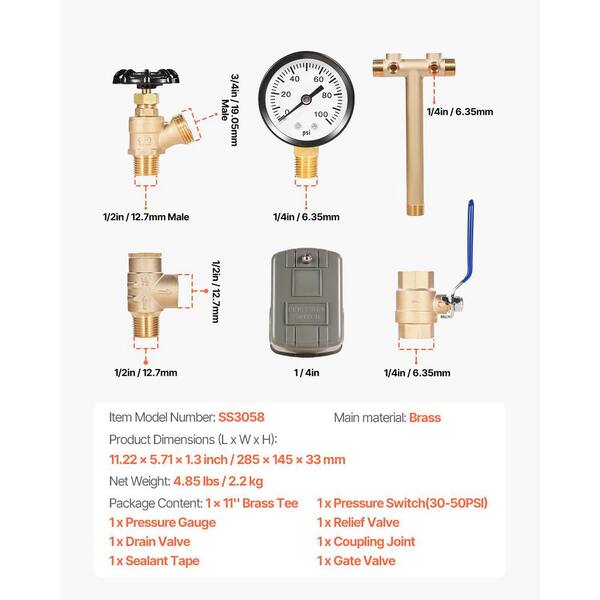 Complete Brass Tank Tee Kit 1.25” X 14” For Water Well Pressure Tanks – With Union, Valves & FSG2 Switch