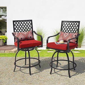 Swivel Metal Balcony Height Outdoor Bar Stool with Red Cushion (2-Pack)