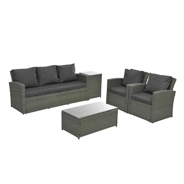 Sudzendf Gray 5-Piece Wicker Rattan Outdoor Sectional Sofa Set with Dark Gray Cushions