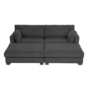 88 in. Modern Square Arm Corduroy Fabric Upholstered Sectional Sofa in. Gray With Two Ottomans And Wood Leg