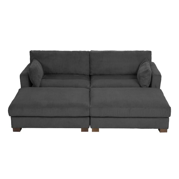 Uixe 88 in. Modern Square Arm Corduroy Fabric Upholstered Sectional Sofa in. Gray With Two Ottomans And Wood Leg